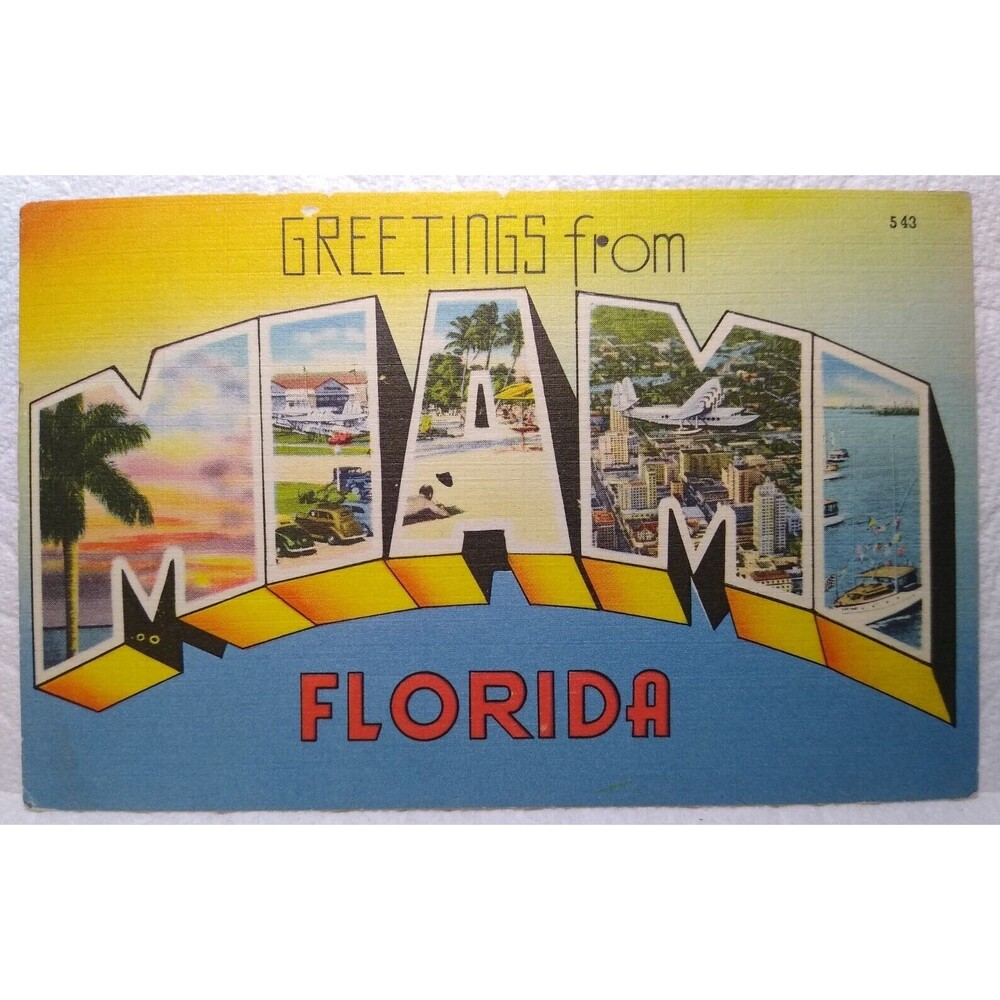 Greetings From Miami Florida Large Letter Linen Postcard Tichnor 1952 Airplane